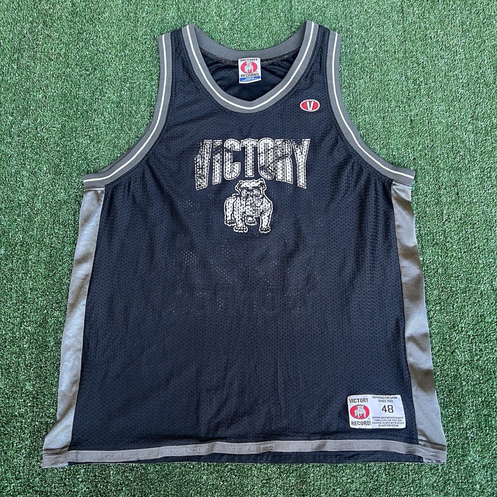 Vintage 90s Men's Victory Records Bulldog Logo Black Mesh Basketball‎ Jersey 48